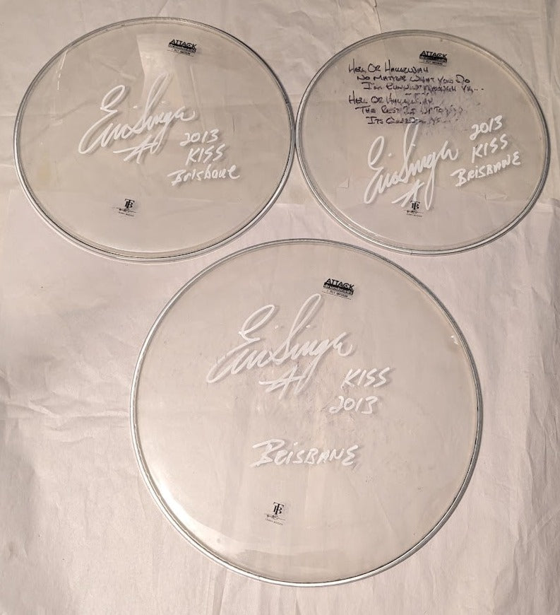 BRISBANE AUSTRALIA 03-12-2013 ERIC SINGER Stage-Used Drumheads and Drumsticks