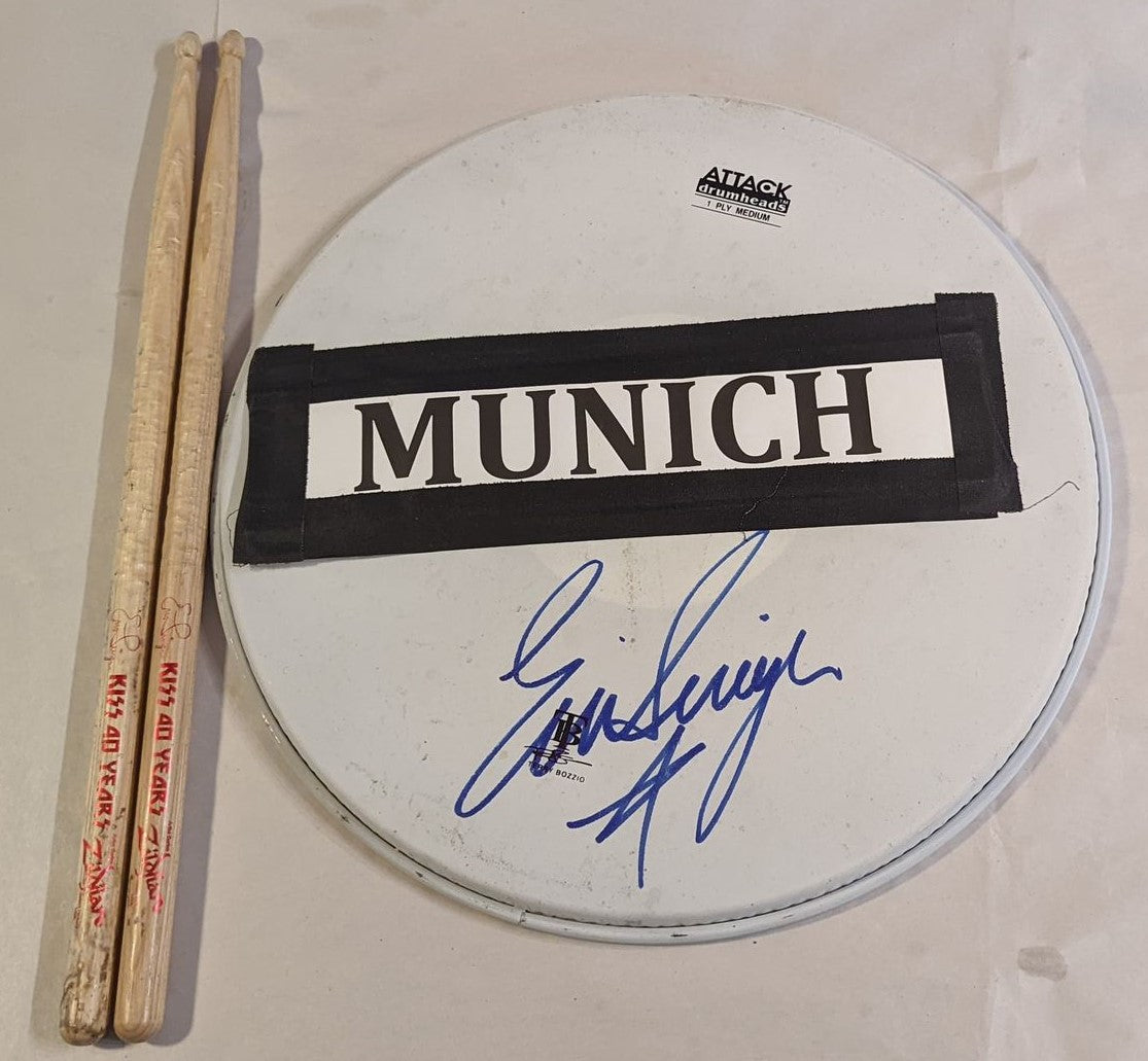 MUNICH GERMANY 05-30-2015 ERIC SINGER Stage-Used Snare Drumhead and Drumsticks