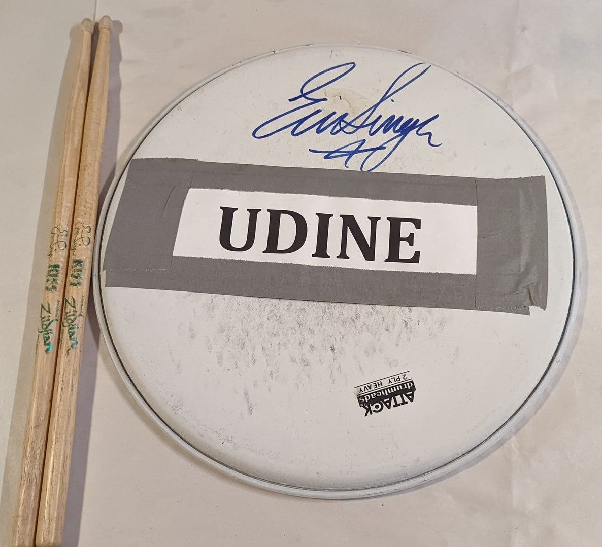 UDINE ITALY 06-17-2013 ERIC SINGER Stage-Used Snare Drumhead and Drumsticks