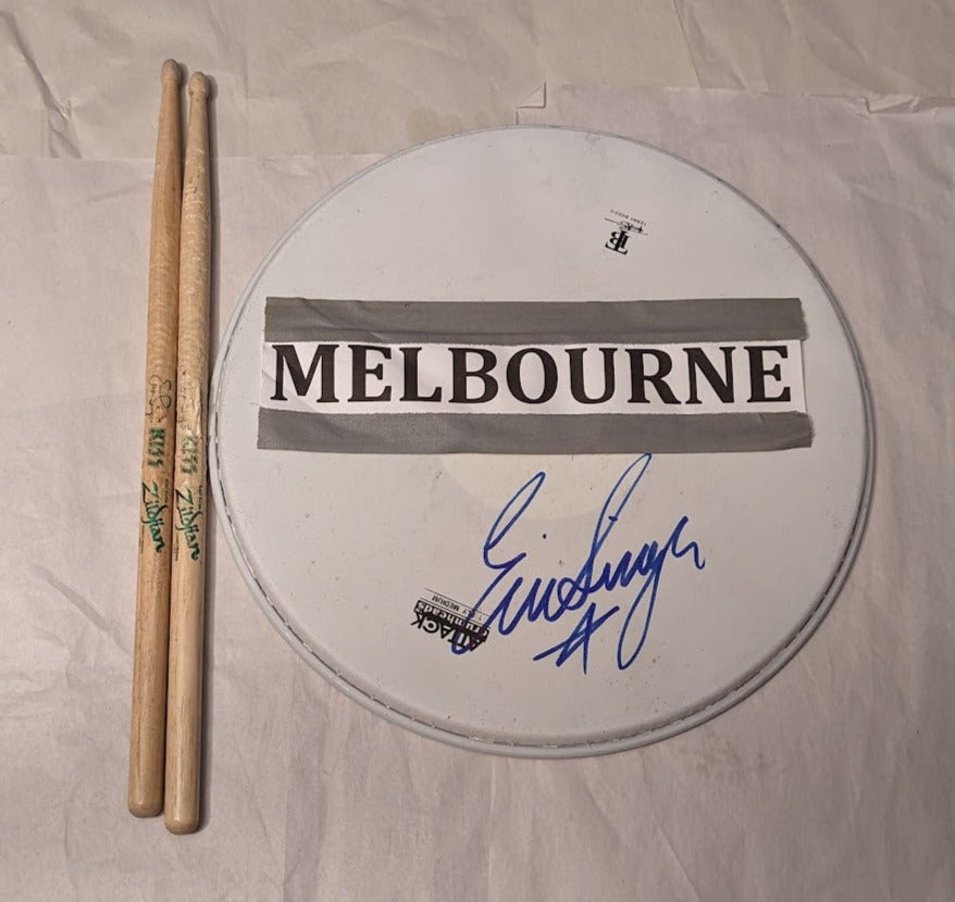 MELBOURNE AUSTRALIA 03-05-2013 ERIC SINGER Stage-Used Snare Drumhead and Drumsticks
