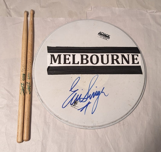 MELBOURNE AUSTRALIA 03-06-2013 ERIC SINGER Stage-Used Snare Drumhead and Drumsticks