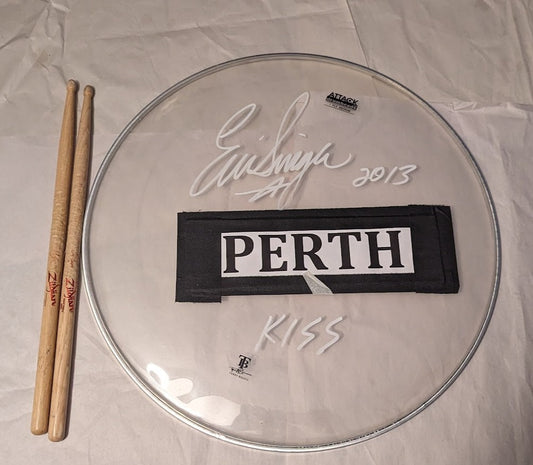 PERTH AUSTRALIA 2-28-2013 ERIC SINGER Signed Stage-Used Drumhead and Drumsticks