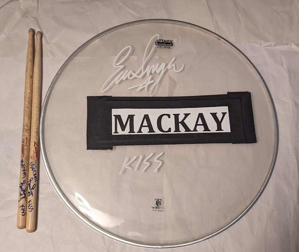 MACKAY AUSTRALIA 03-16-2013 ERIC SINGER Signed Stage-Used Drumhead and Drumsticks