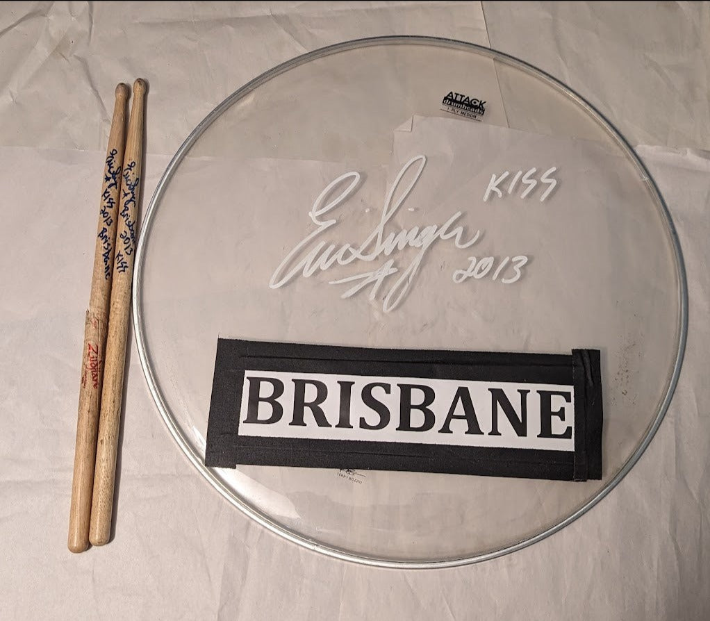 BRISBANE AUSTRALIA 03-12-2013 ERIC SINGER Stage-Used Drumheads and Drumsticks