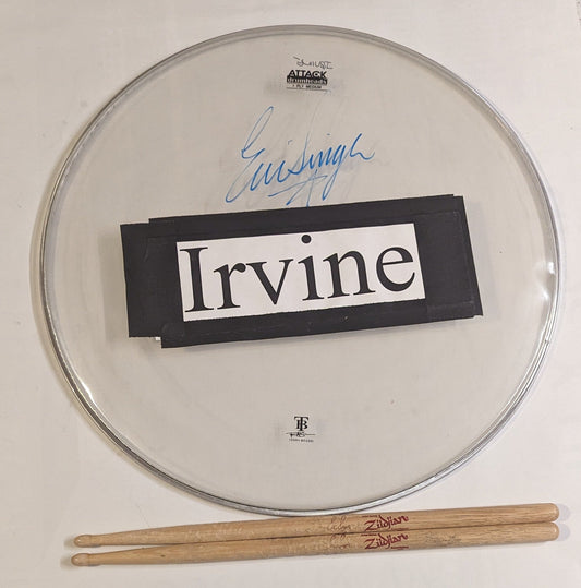 IRVINE CA 8-14-2012 ERIC SINGER Stage-Used Signed 16" Drumhead and Drumsticks