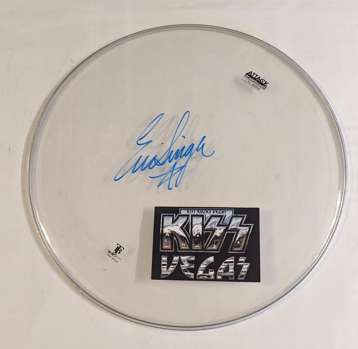 KISS ROCK VEGAS 11-12-2014 STAGE-USED 18" Signed Drumhead Drumstick Eric Singer