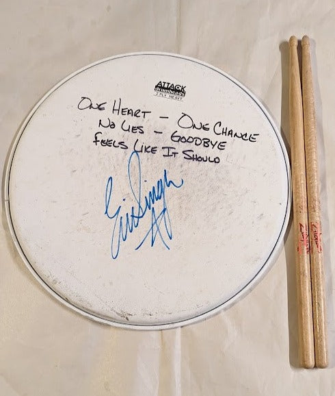 HOUSTON TEXAS 8-3-2012 ERIC SINGER Stage-Used Signed Snare Drumhead and Drumsticks