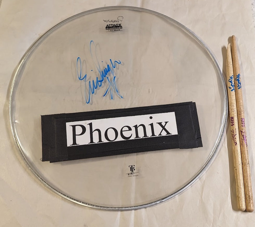 PHOENIX AZ 8-10-2012 ERIC SINGER Stage-Used Signed 16" Drumhead and Drumsticks