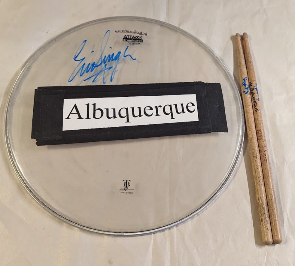 ALBUQUERQUE 8-7-2012 ERIC SINGER Stage-Used Signed 16" Drumhead and Drumsticks