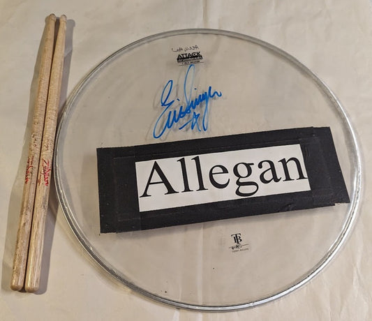 ALLEGAN MI 9-11-2012 ERIC SINGER Stage-Used Signed 16" Drumhead and Drumsticks