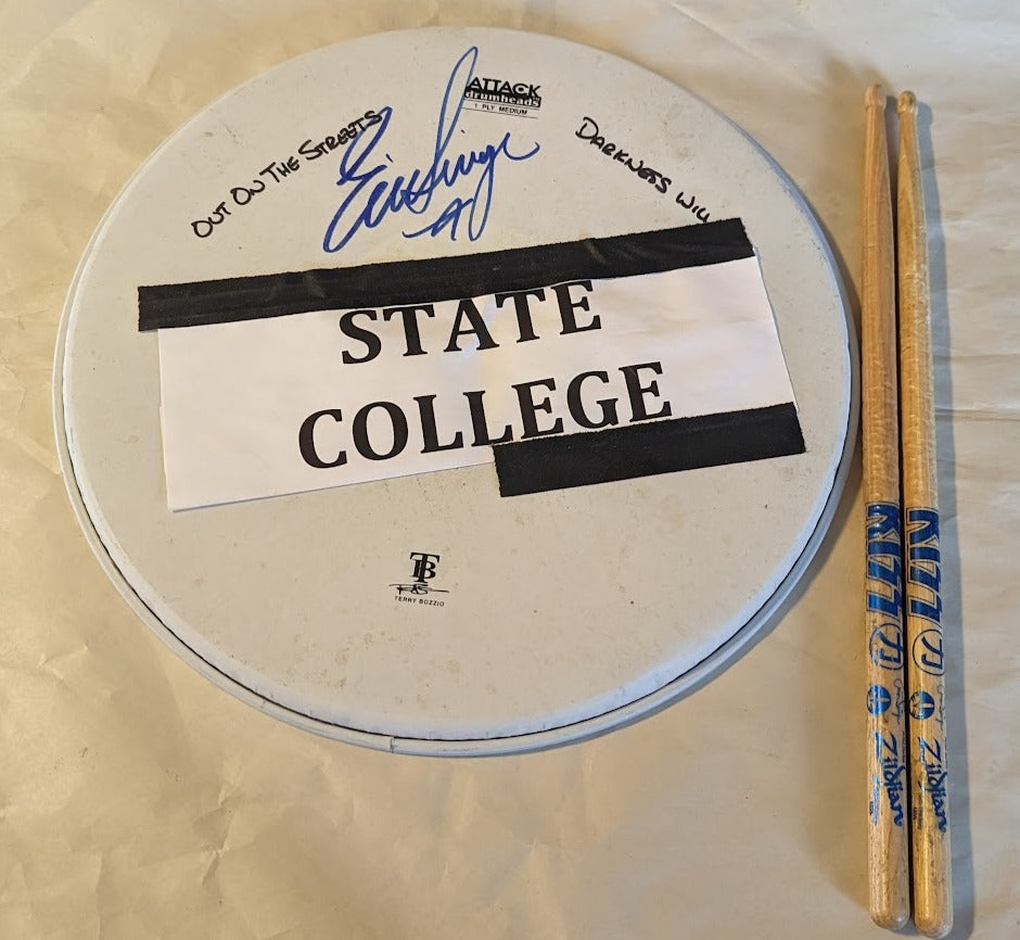 STATE COLLEGE 8-30-2016 ERIC SINGER Stage-Used  Snare Drumhead and Drumsticks