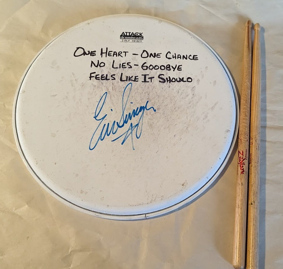 DALLAS TEXAS 8-4-2012 ERIC SINGER Stage-Used Signed Snare Drumhead and Drumsticks