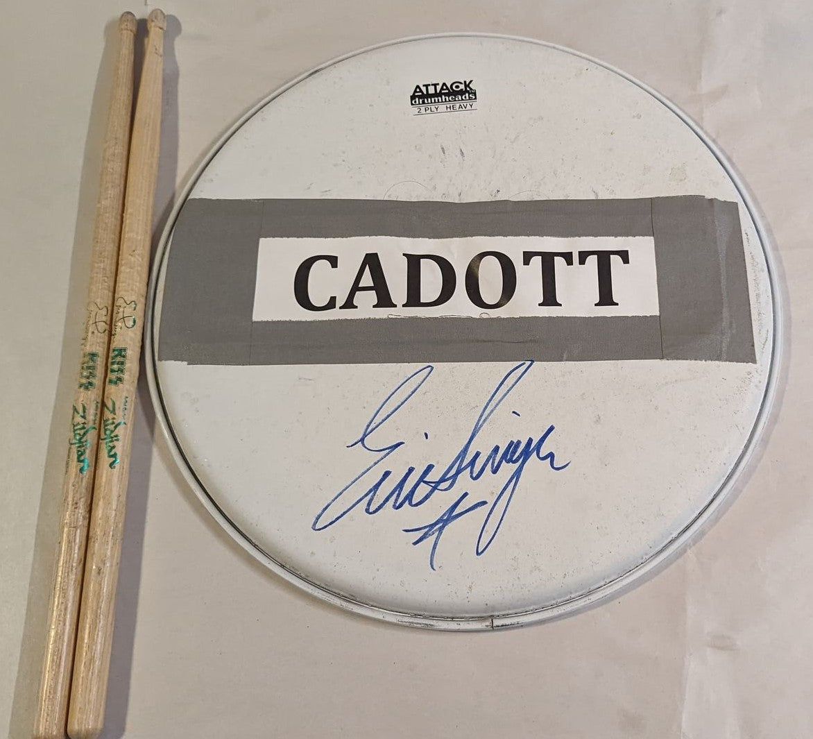 CADOTT WI 7-20-2013 Rock Fest ERIC SINGER Stage-Used Snare Drumhead and Drumsticks