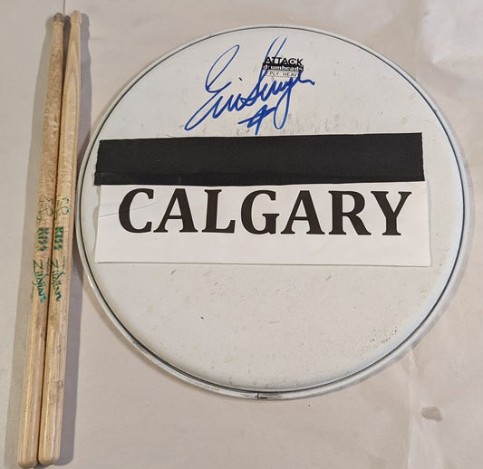 CALGARY CANADA 11-08-2013 ERIC SINGER Stage-Used Snare Drumhead and Drumsticks