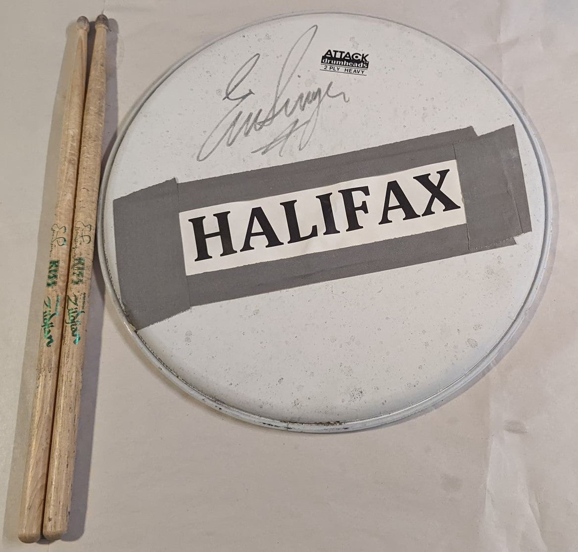 HALIFAX CANADA 8-01-2013 ERIC SINGER Stage-Used Snare Drumhead and Drumsticks