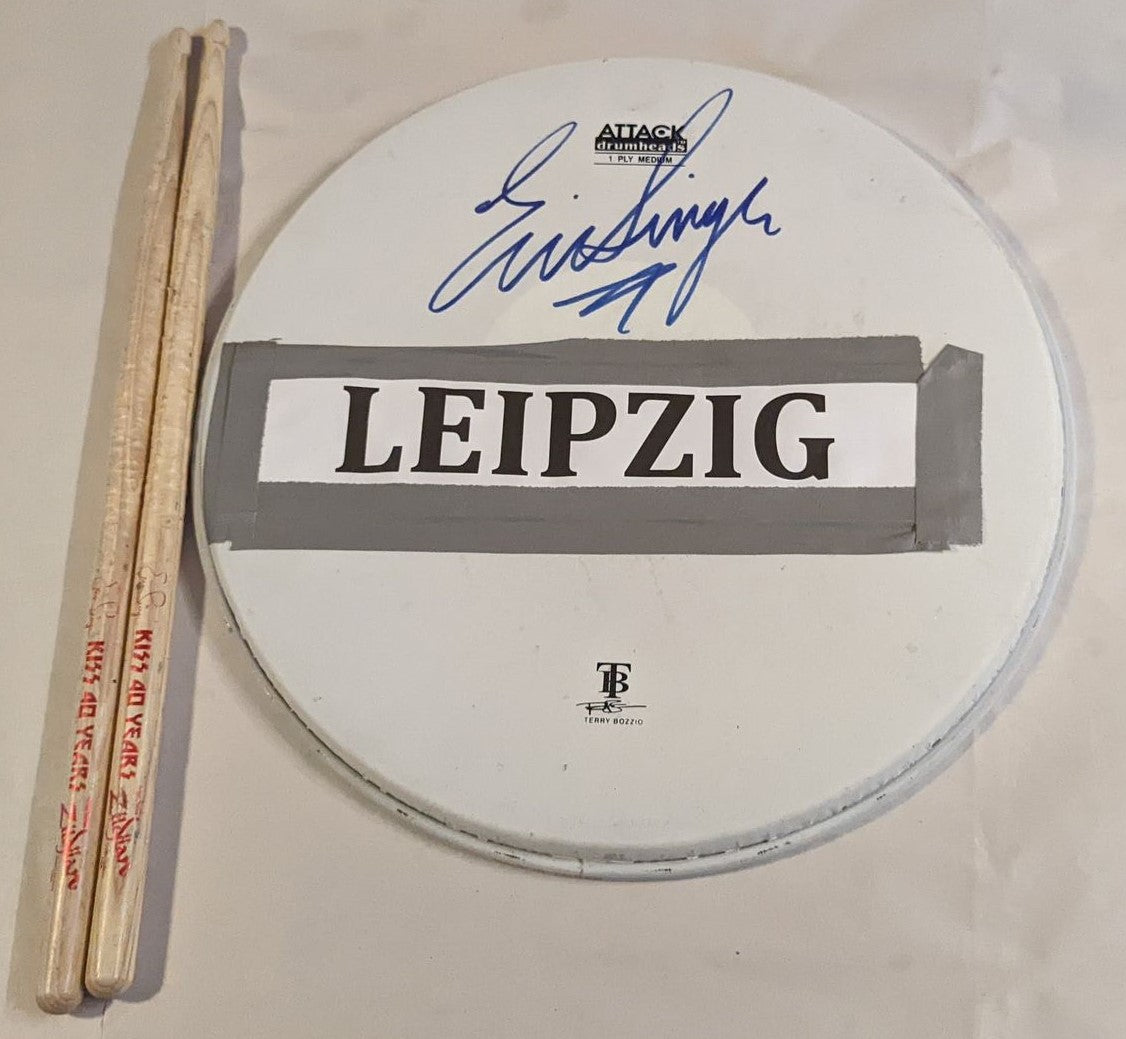 LEIPZIG GERMANY 06-04-2015 ERIC SINGER Stage-Used Snare Drumhead and Drumsticks