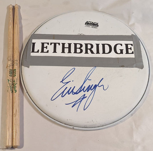 LETHBRIDGE CANADA  07-10-2013 ERIC SINGER Stage-Used Snare Drumhead and Drumsticks