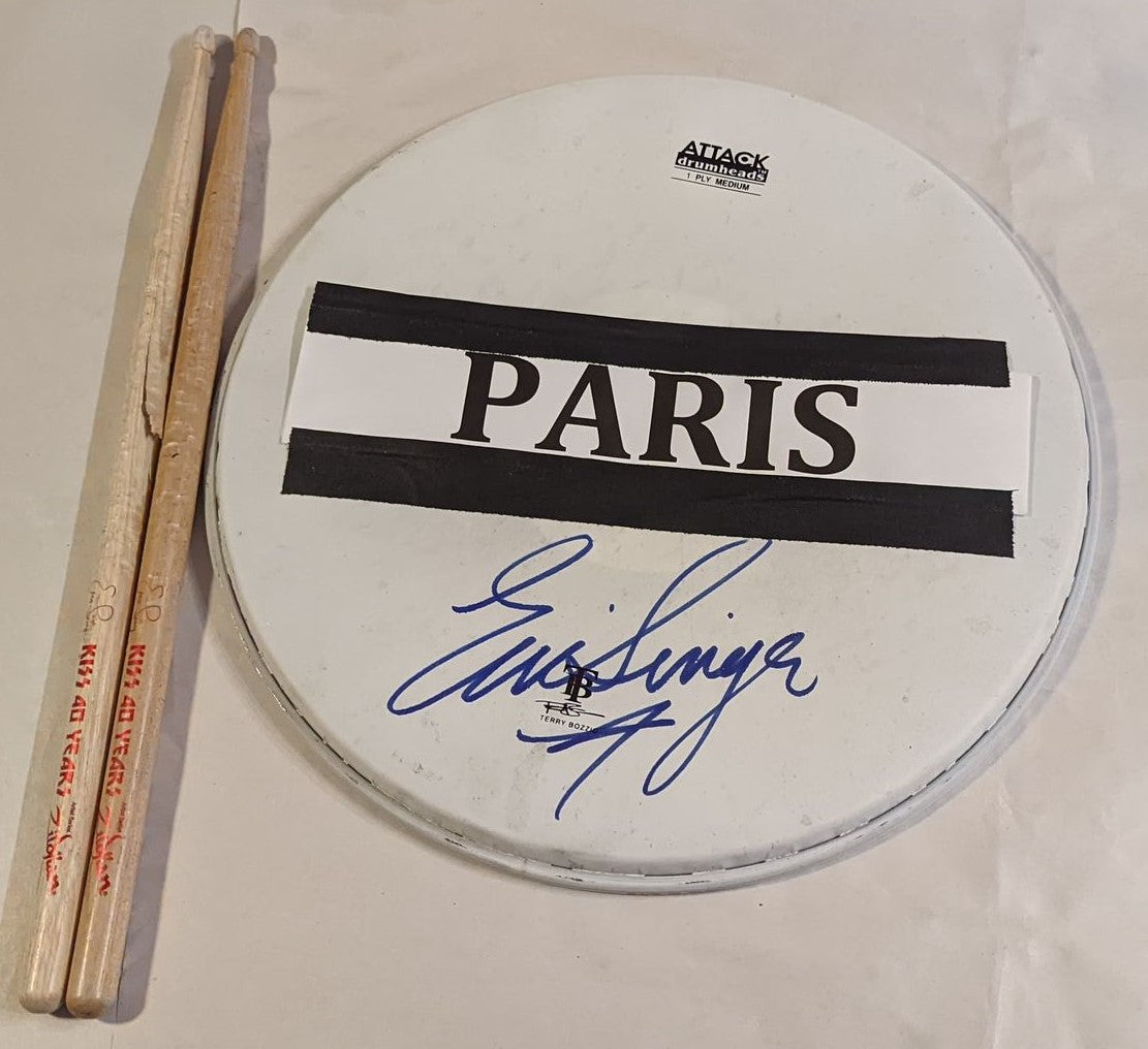 PARIS FRANCE 06-16-2015 ERIC SINGER Stage-Used Snare Drumhead and Drumsticks
