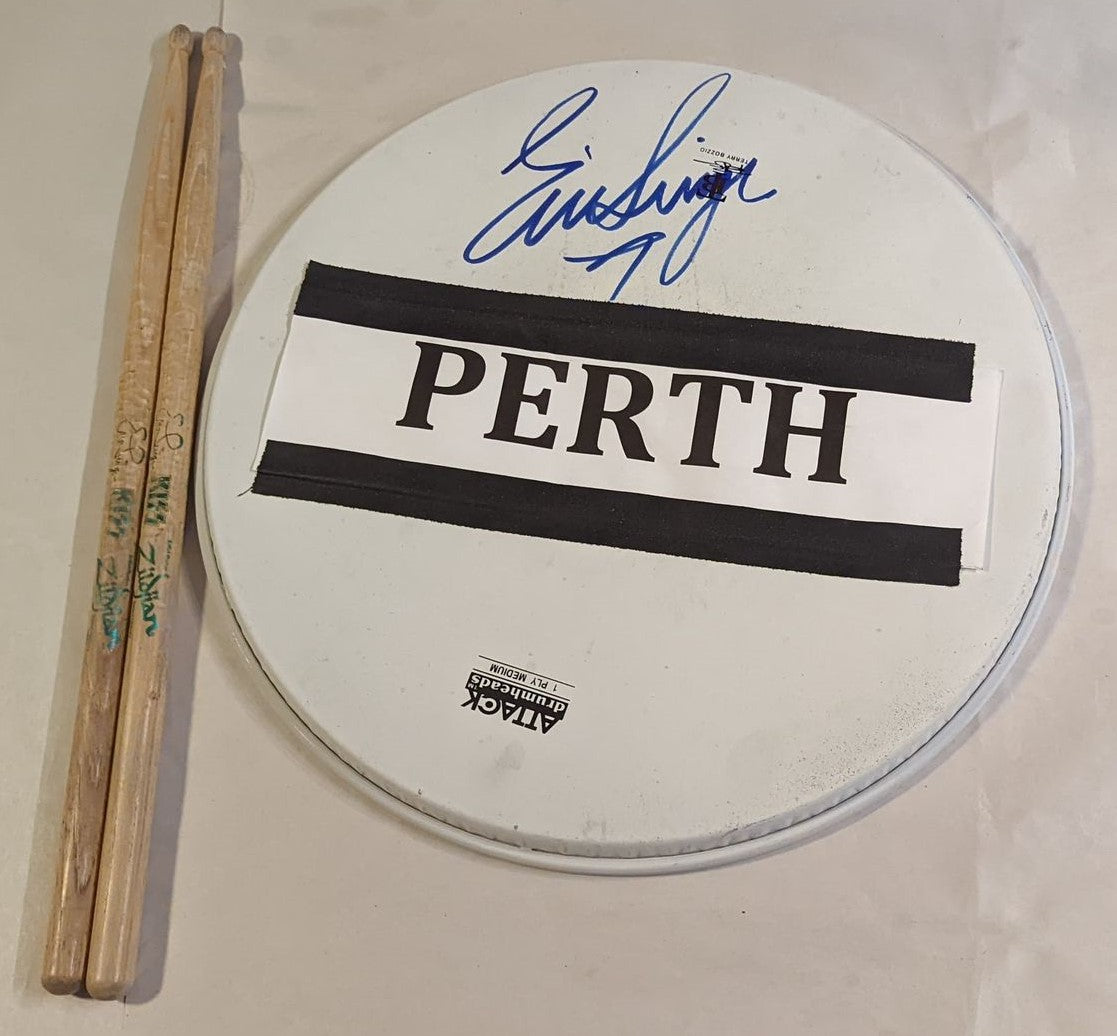 PERTH AUSTRALIA 02-28-2013 ERIC SINGER Stage-Used Snare Drumhead and Drumsticks