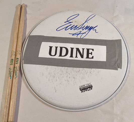 UDINE ITALY  06-17-2013 ERIC SINGER Stage-Used Snare Drumhead and Drumsticks