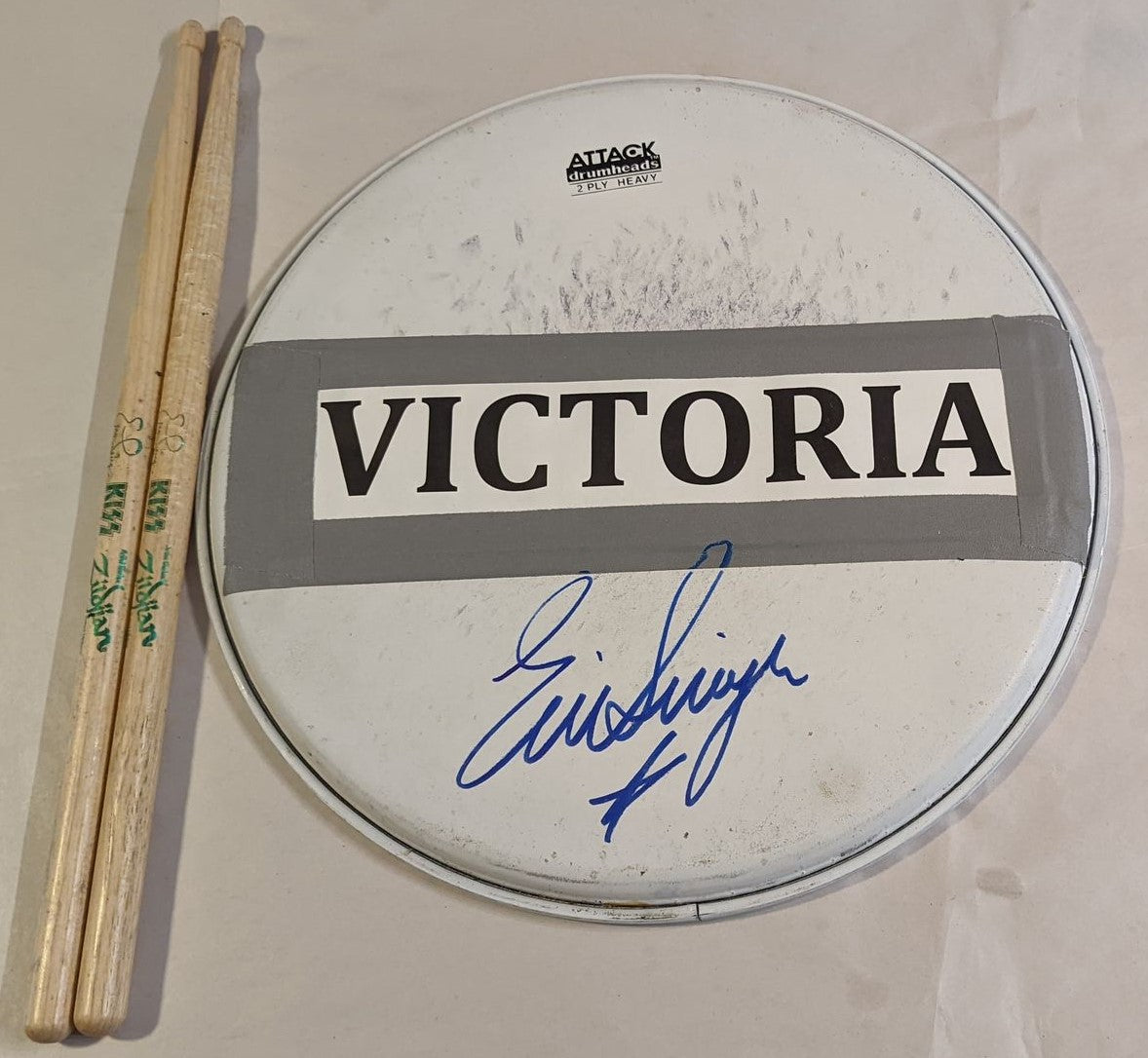 VICTORIA CANADA  07-05-2013 ERIC SINGER Stage-Used Snare Drumhead and Drumsticks